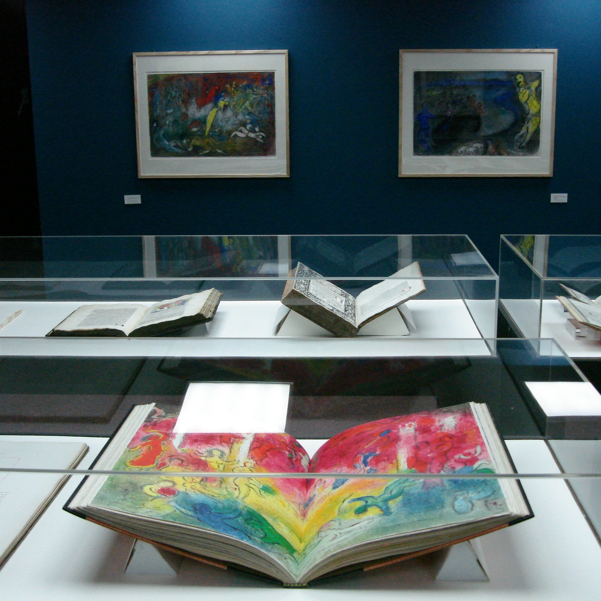 Vitrines présentant des livres et toiles au mur dans une salle d'exposition.