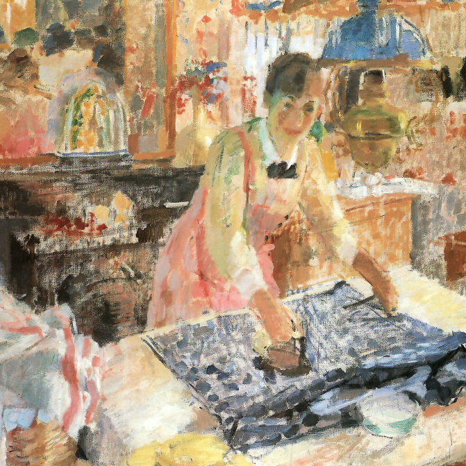 Peinture coloré représentant une femme en train de repasser.