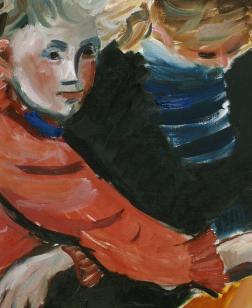 Tableau coloré représentant deux enfants déguisés sur fond rouge.