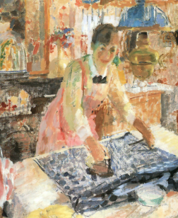 Peinture coloré représentant une femme en train de repasser.