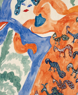 Baya, Femme en robe orange et cheval bleu