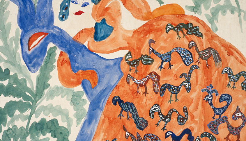 Baya, Femme en robe orange et cheval bleu