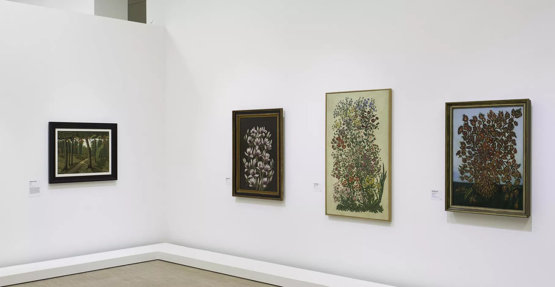 Quatre tableaux sur fond blanc dans une salle d'exposition.