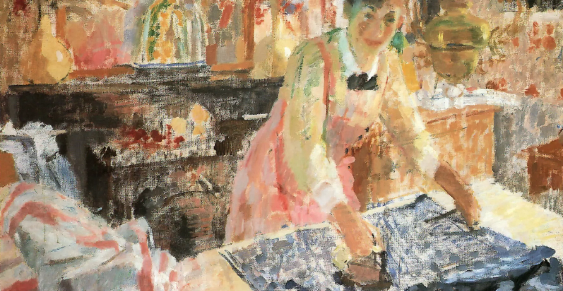 Peinture coloré représentant une femme en train de repasser.