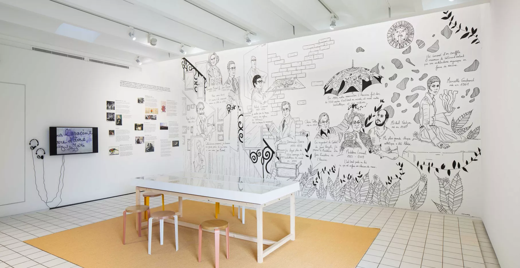 Frise et dessins noir sur fond blanc représentant l'histoire du LaM, dans la salle qui lui est consacrée.
